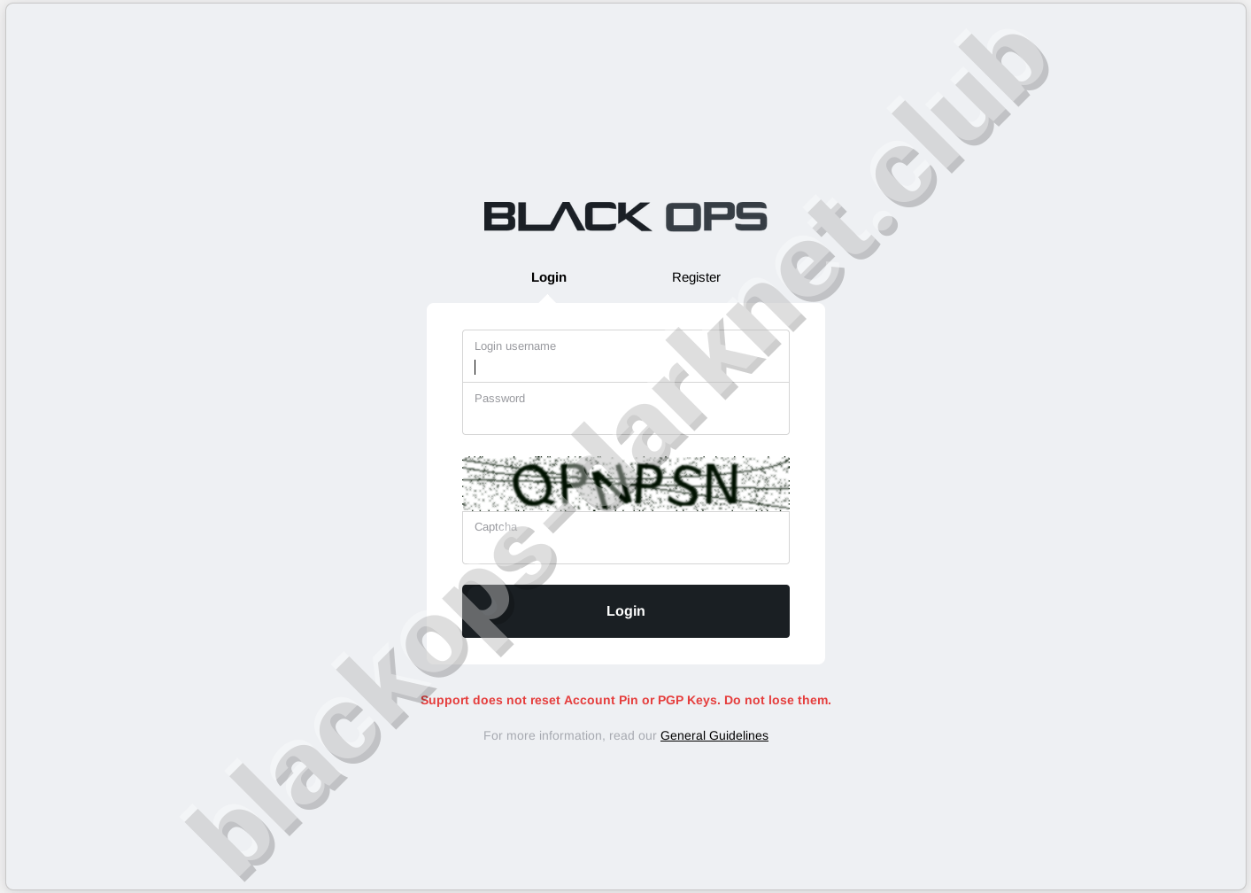BlackOps login page with PGP & 2FA requirement